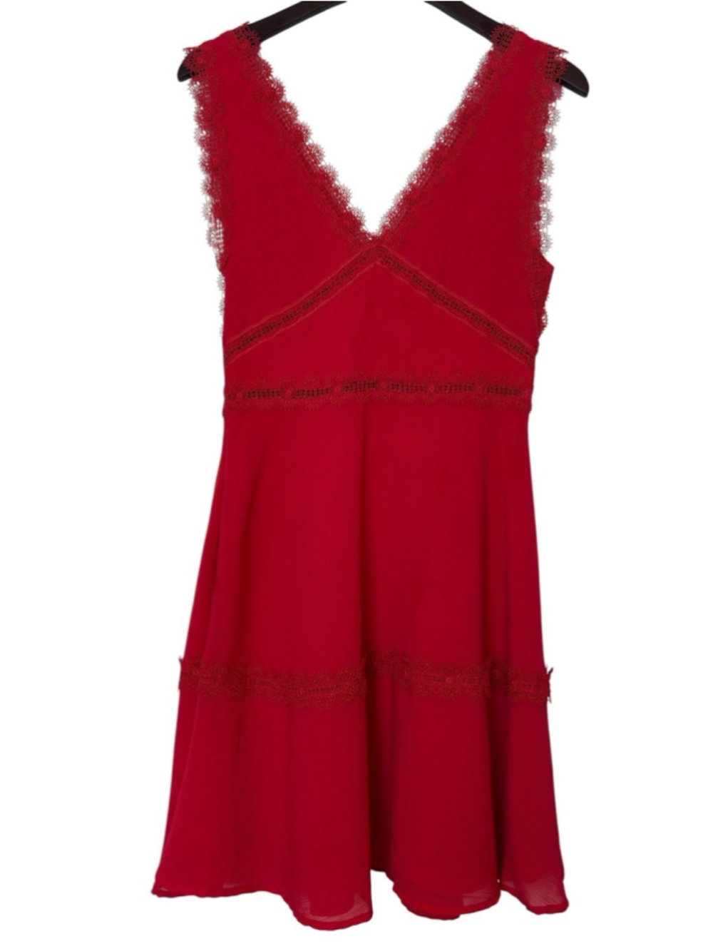 The Kooples Coral Red Lace Trim Mini Dress V Neck Fit Flare Cocktail Party S